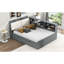 Structure de lit double en bois gris avec lit gigogne, plateau de rangement rotatif et tête rembourrée avec tablettes