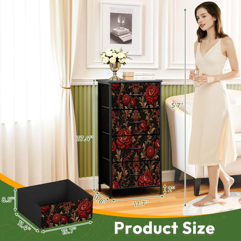 Commode à 4 tiroirs pour chambre à coucher gothique rétro avec fleurs rouges et roses, feuillage doré et petite commode pour vêtements