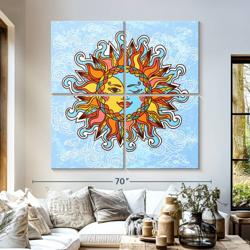 Caricature de soleil boho et de lune, H 57 po x l 57 po