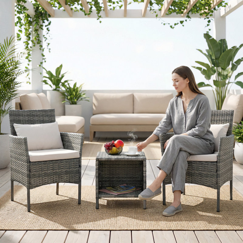 Nagey 2 - Person Patio Conversation Sets with Cushions, Beige/Gray