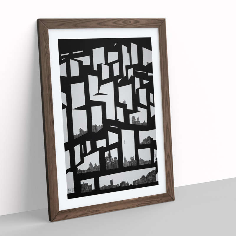 Monochrome City Skyline Abstract No.3 - Wall Art, 34cm H x 25cm W x 2cm D, Walnut Framed