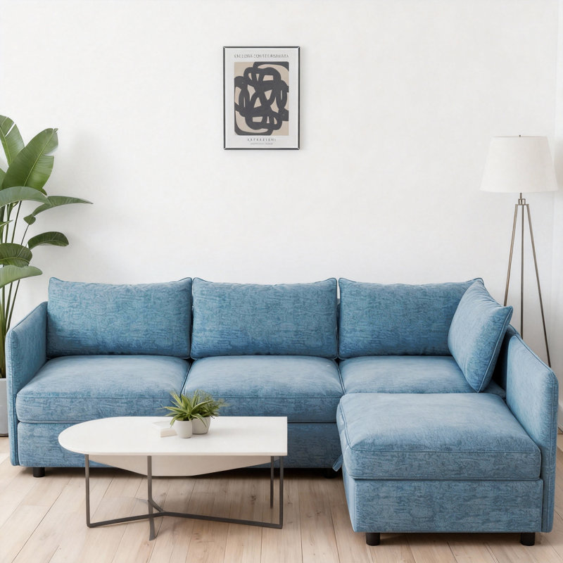 Canapé modulaire 4 places modulaire avec rangement caché, canapé convertible avec coussins moelleux, Polyester bleu
