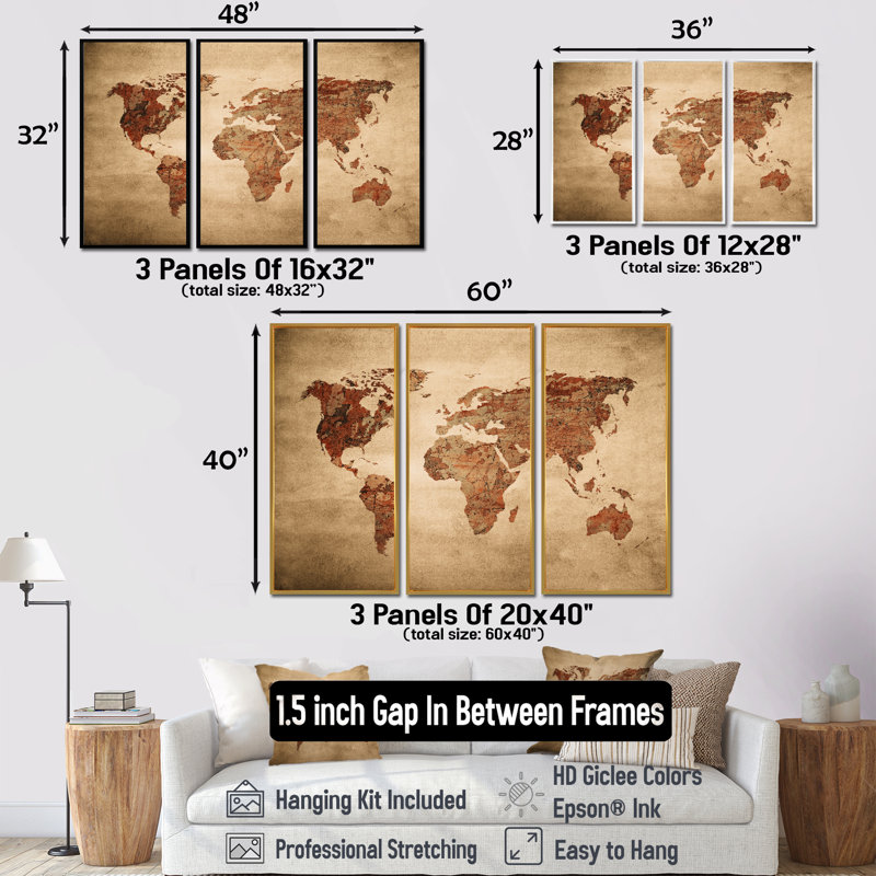 Ancienne carte du monde VII - reproduction de cadre flottant 3 pièces sur toile, H 40 po x l 60 po, Silver