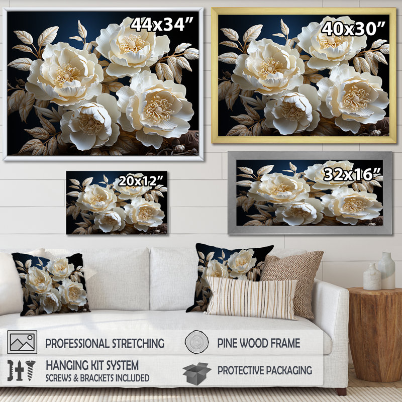 Pivoines blanches brillantes dans l'éclat, Cadre flottant blanc, H 16 po x l 32 po x P 1 po