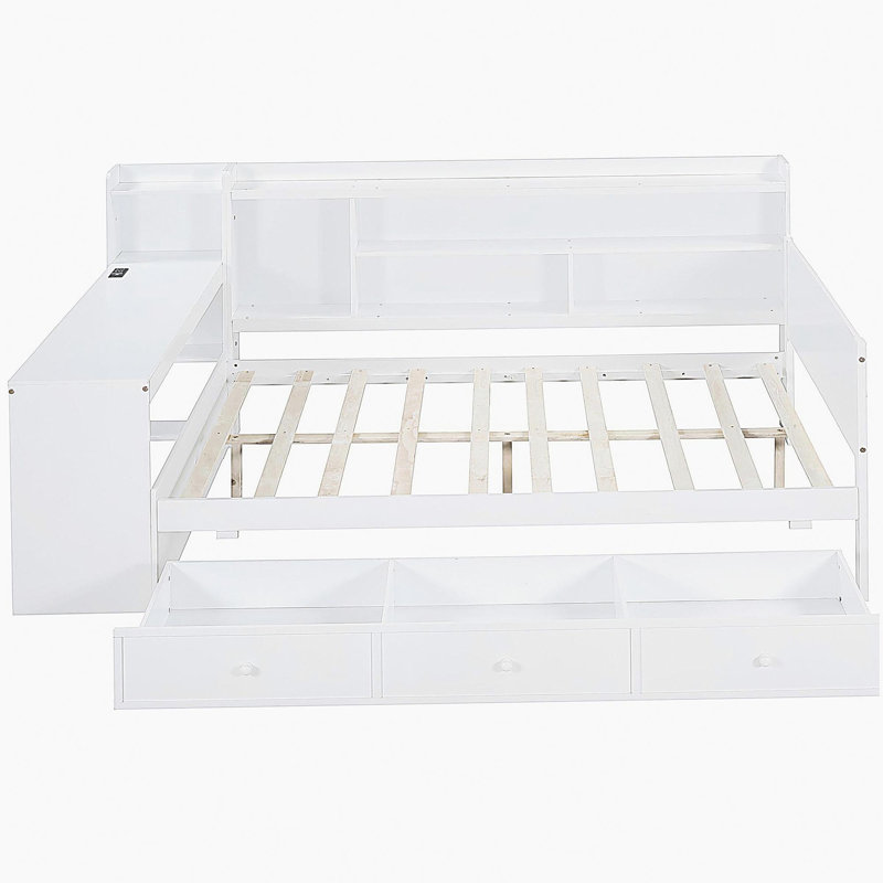 Canapé-lit en bois avec 3 tiroirs, ports USB et bureau, Complet/Double, Blanc