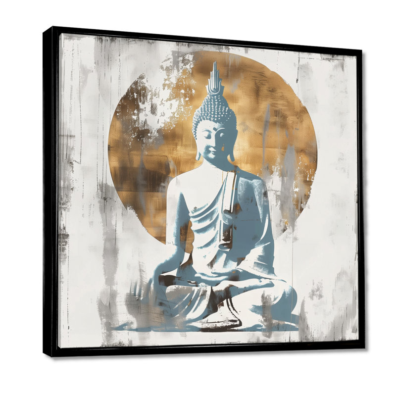 Bouddha doré gris et doré, réflexion IV - salon d'art mural bouddhisme, Cadre flottant noir, H 16 po x l 16 po x P 1 po