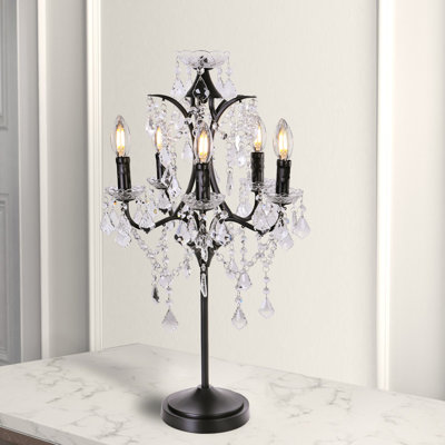  Farmhouse Tranditional Crystal Table Lamp 5-light Black Craft Candelabra Lighting Fixture