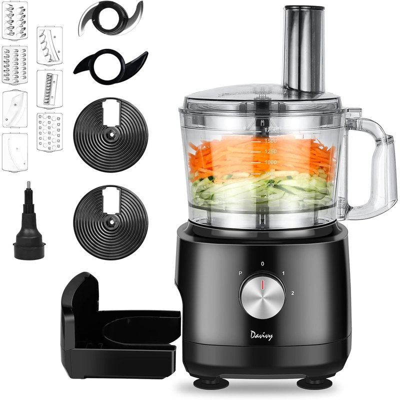 Robot culinaire 7 tasses Davivy, moteur de 600 W, ensemble de 9 pales pour le découpage ondulé, frites, pétrissage