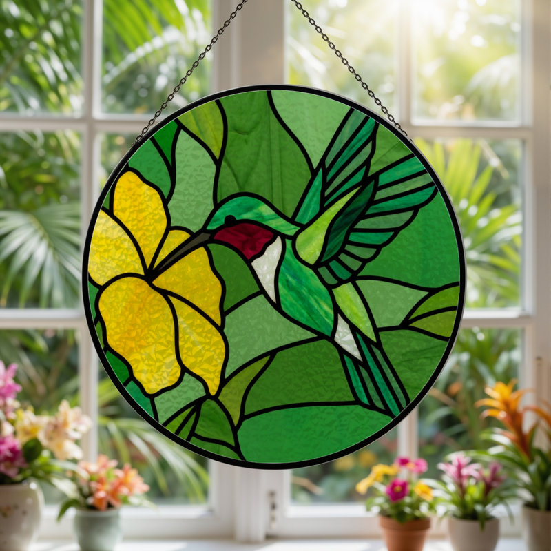 Vitrail de fenêtre en verre coloré 7,8 po Hummingbird, H 7,8 po x l 7,8 po