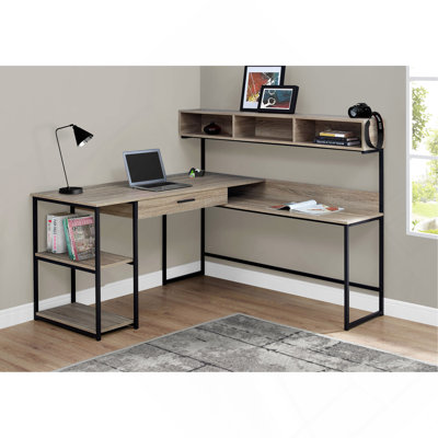 Bureau d'ordinateur, bureau personnel, coin, tiroirs de rangement, forme de L, bureau, ordinateur portable, stratifié brun, métal noir, contemporain, moderne