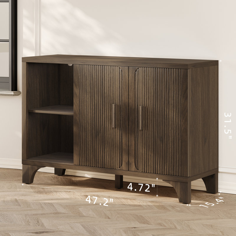 Gouun Mid Century Modern Fluted Buffet Cabinet With Storage, Accent Sideboard And Credenza Storage Cabinet With Doors, Wood Coffee Bar Console For Kitchen, Living Room (Brown, 47.2" 2-Door)
