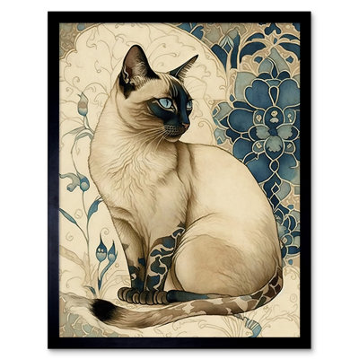 Siamese Cat With Blue Flower Pattern Modern Nouveau Watercolour - Single Picture Frame Print