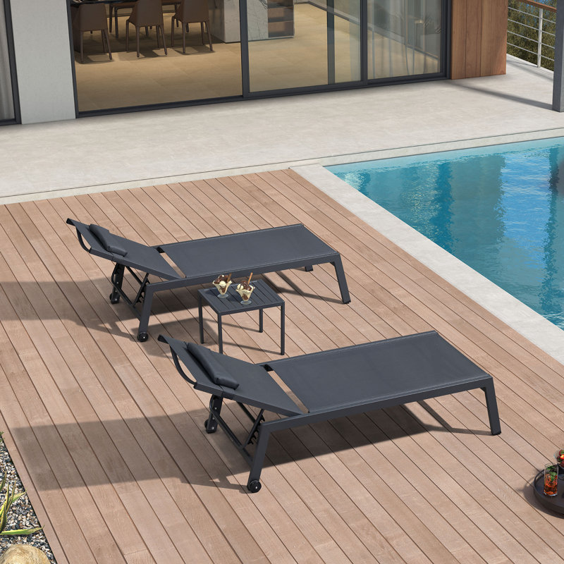 Structure d'extérieur surdimensionnée en aluminium pour chaise longue de piscine avec table d'appoint et roues, Gris