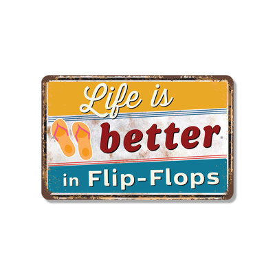 Life Is Better In Flip Flops Vintage Style (2 Pack) 8 Inch x 12 Inch Plastic Sign Sandy Toes Happy Soul Weatherproof Perfect for Beach Houses Patios Pools Fun Gift for Vacationers Surfers Friends