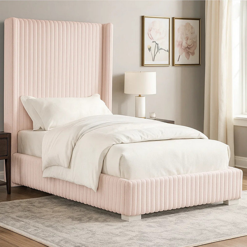 Lit double Wolo, revêtement en chenille capitonnée rose, Complète, Rose