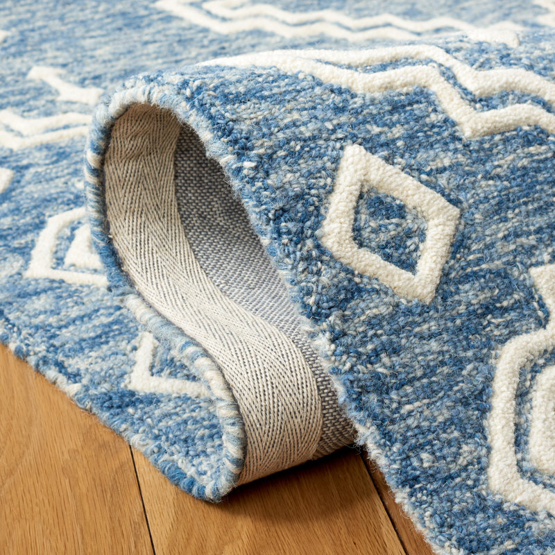 Ivory and Blue Handmade Wool Abstract Area Rug, 8' x 10'