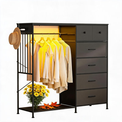Commode à 6 tiroirs avec garde-robe et lumières DEL RVB, commode en tissu 2 en 1, station de recharge (3 CA + 2 USB), organisateur de rangement réversible gauche/droite pour chambre, salon, chambre d'enfant.