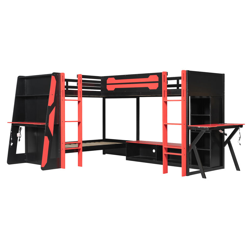 Lits mezzanine jumeaux avec étagères, éclairage DEL, ports de chargement et meuble télé, Rouge