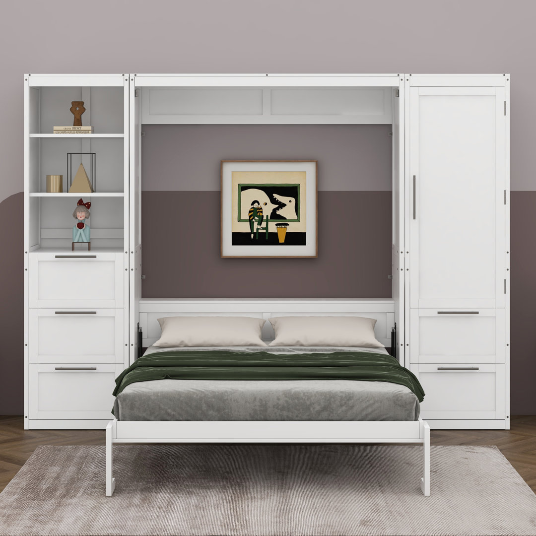 Parvathi Murphy Bed Wall Bed with Closet ,Drawers and Shelves Red Barrel Studio® 