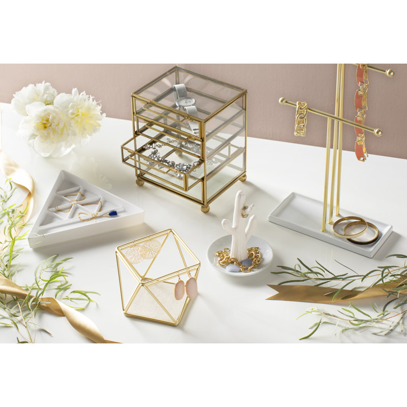 Wood Jewelry Stand, White/Brass