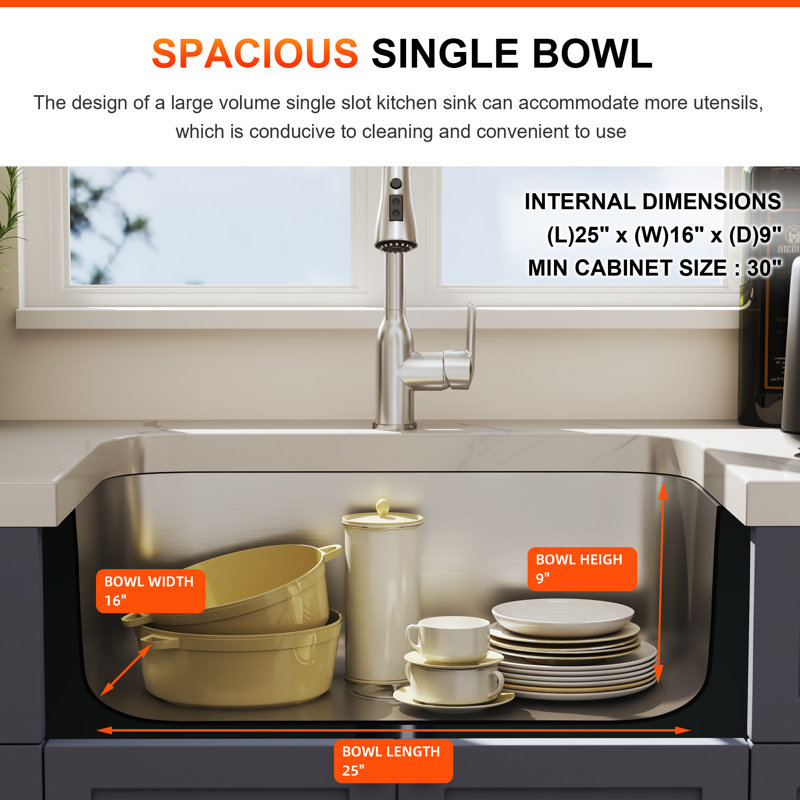 Blenzia 27 Inch Undermount Kitchen Sink Curved Shape Round Corner 18 Gauge 304 Stainless Steel Single Bowl Sinks with Strainer 27" x 18" x 9"