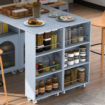 K&K Rolling Kitchen Island with Extended Table, Kitchen Island on Wheels with LED Lights, Power Outlets and 2 Fluted Glass Doors, Kitchen Island with a Storage Compartment and Side 3 Open Shelves, Grey