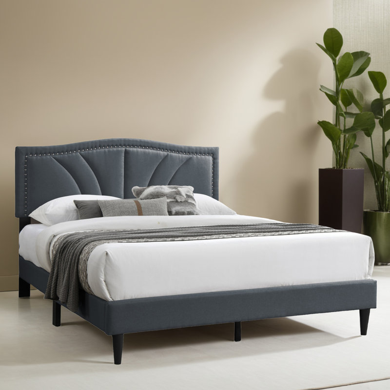 Queen Size Upholstered Platform Bed Frame, Charcoal
