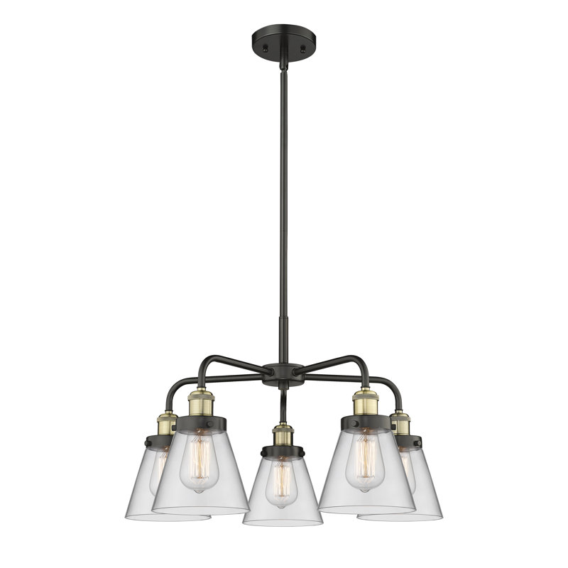Cone 5 Light Stem Hung Chandelier, Black Antique Brass, Clear