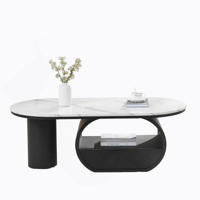 Luxury Modern Oval Coffee Table, 47.24'' Coffee Table With Storage Drawer, Faux Marble Top, Black Metal Center Table For Living Room