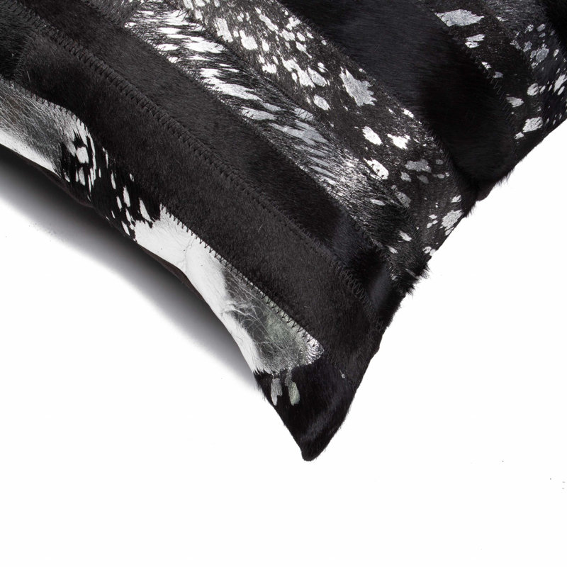 18" Abstract Cowhide Throw Pillow, Black Silver