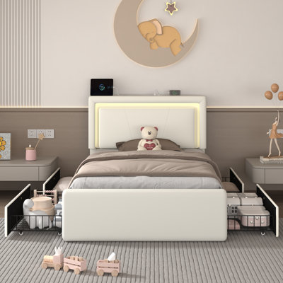 Upholstered Platform Bed with 4 Large Storage Drawers, RGB LED lights, Charging Station, Adjustable Headboard, Easy Assembly