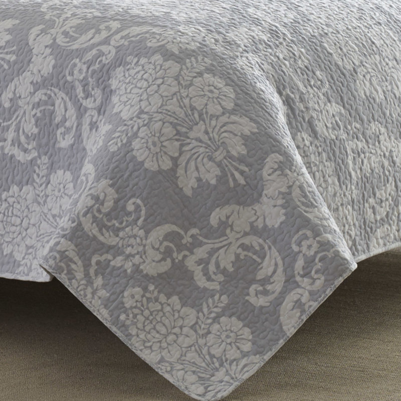 Gray Twin Cotton Reversible Quilt Set with Floral Pattern