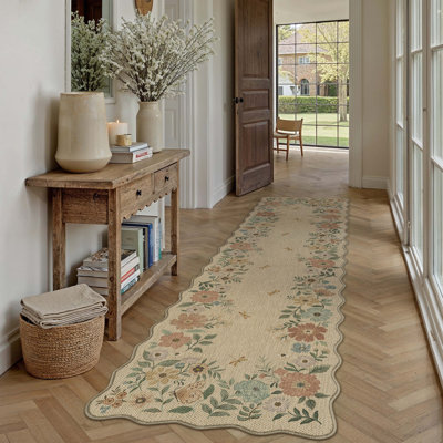 Botanical Floral Faux Linen Machine Washable Area Rug With Non-Slip Backing And Scalloped Edge