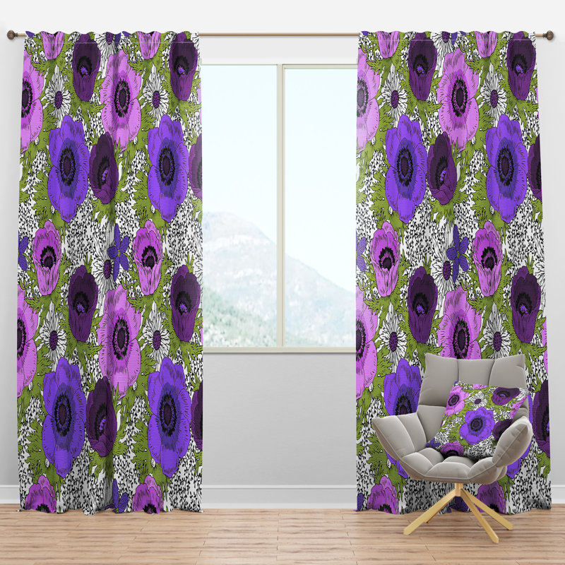 Purple Retro Fantasy Flowers - Mid-Century Velvet Curtain - Room darkening - 1 panel, 52"W x 95"H