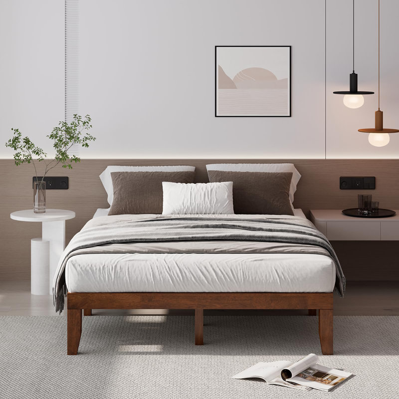 Base de lit plateforme en bois massif 14 pouces, Noyer, Grand lit