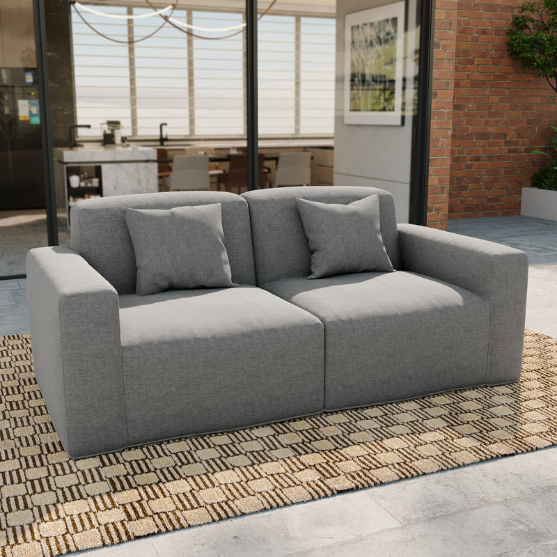 Ensemble de 2 fauteuils de jardin modernes Phu, configuration avec accoudoirs gauche et droit, tissu résistant aux intempéries et aux UV, aucun assemblage requis