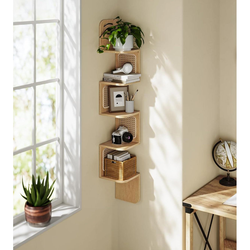 5-Tier Corner Shelf, Wall Mounted Floating Shelf, Zigzag Corner Shelf Unit, PVC Rattan Sides, Space-Saving, Oak Beige