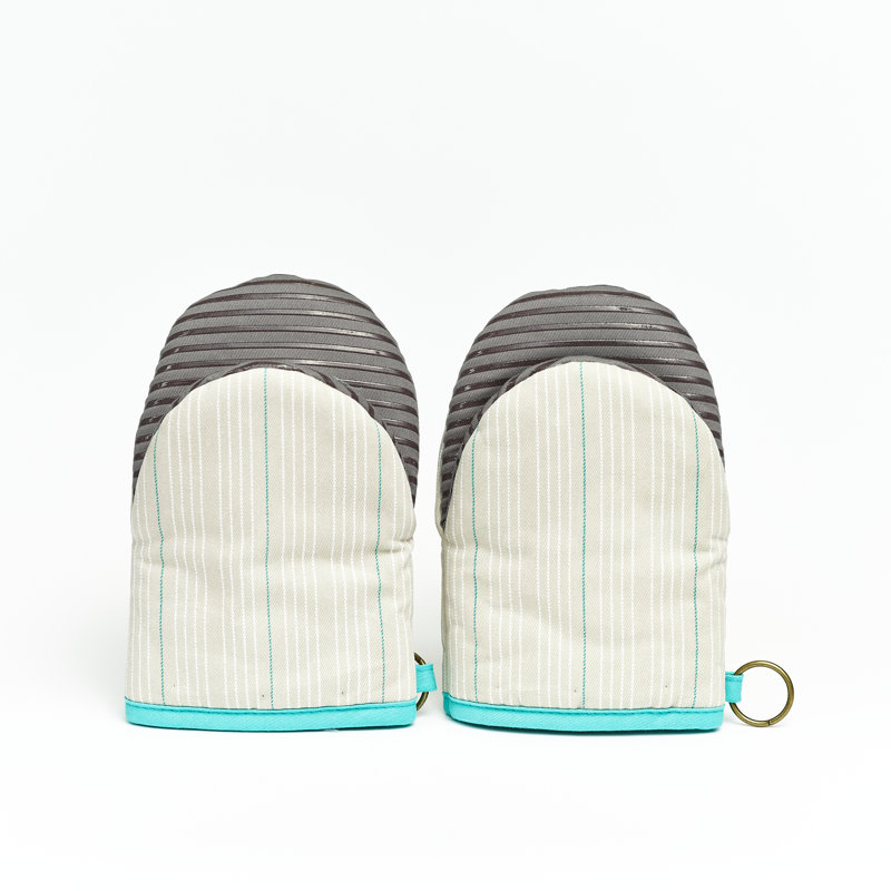 Beige Striped Cotton Mini Oven Mitts with Silicone Palm Set