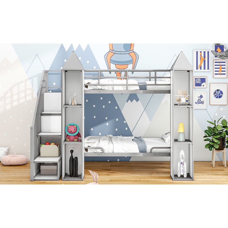 Lit simple superposé au-dessus de métal avec garde-robe et espace de rangement, gris et blanc, Blanc / Gris
