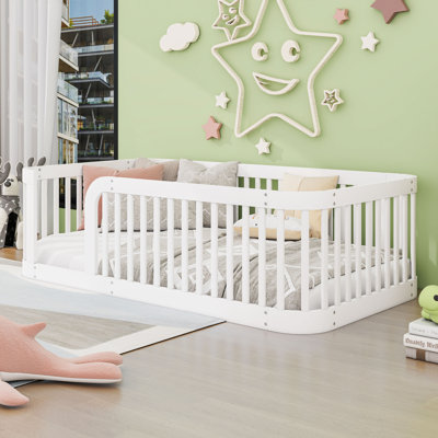 Twin Size Wood Floor Bed Frame with Fence