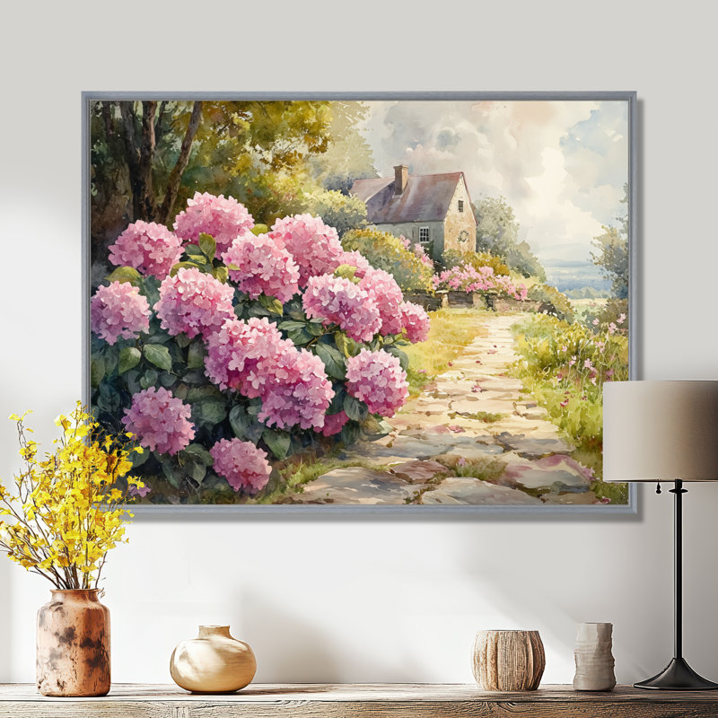 «Dobromir Hydrangeas By The Stone Path II - Hydrangea», art mural sur toile, Argent argent, H 30 po x l 40 po