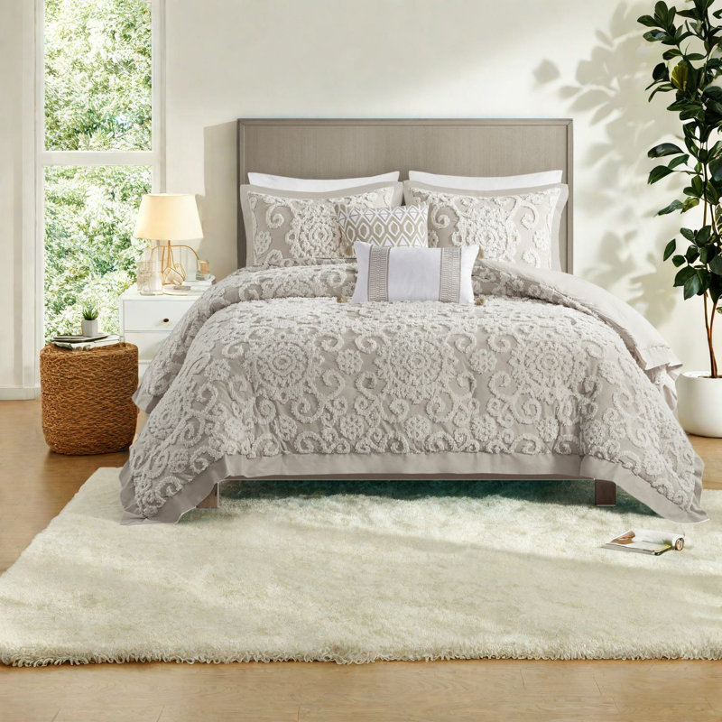 Ensemble de literie en coton de qualité supérieure, très grand, édredon taupe avec broderie touffetée