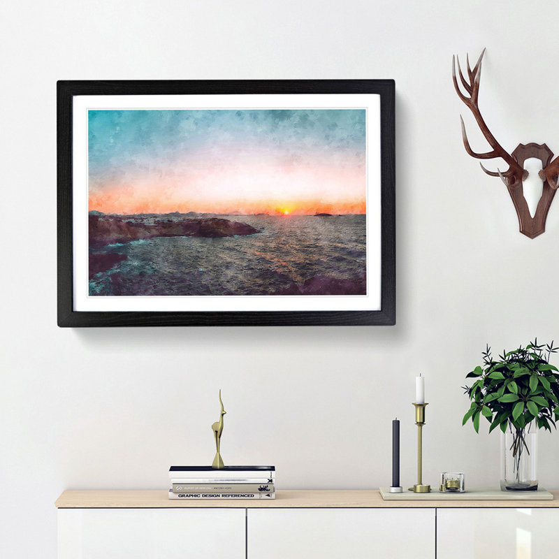 Sunset in Milos Greece - Picture Frame Painting Print, 62cm H x 87cm W x 2cm D, Black Framed