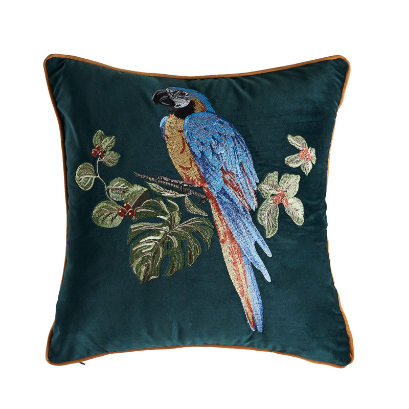 Embroidered Velvet Reversible Pillow Cover, Green