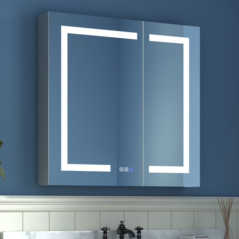 Tankersley Recessed or Surface Mount Frameless 3 Door Medicine Cabinet with 6 Adjustable Shelves and Lighting, Dual Swing