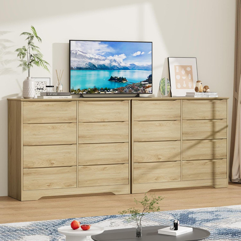 Commode 8 tiroirs en bois naturel avec poignées cachées, grande commode de rangement moderne pour chambre à coucher, salon, couloir, chambre d'enfant