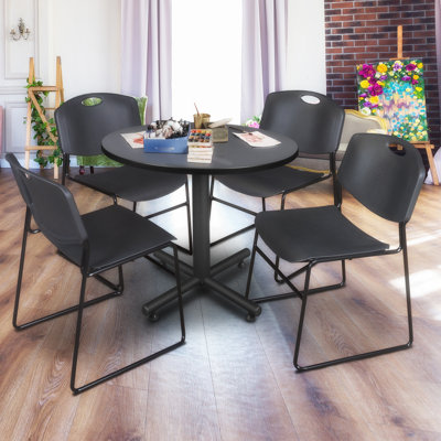 Nicklos Round X-Base Breakroom Table, 4 Zeng Stack Chairs