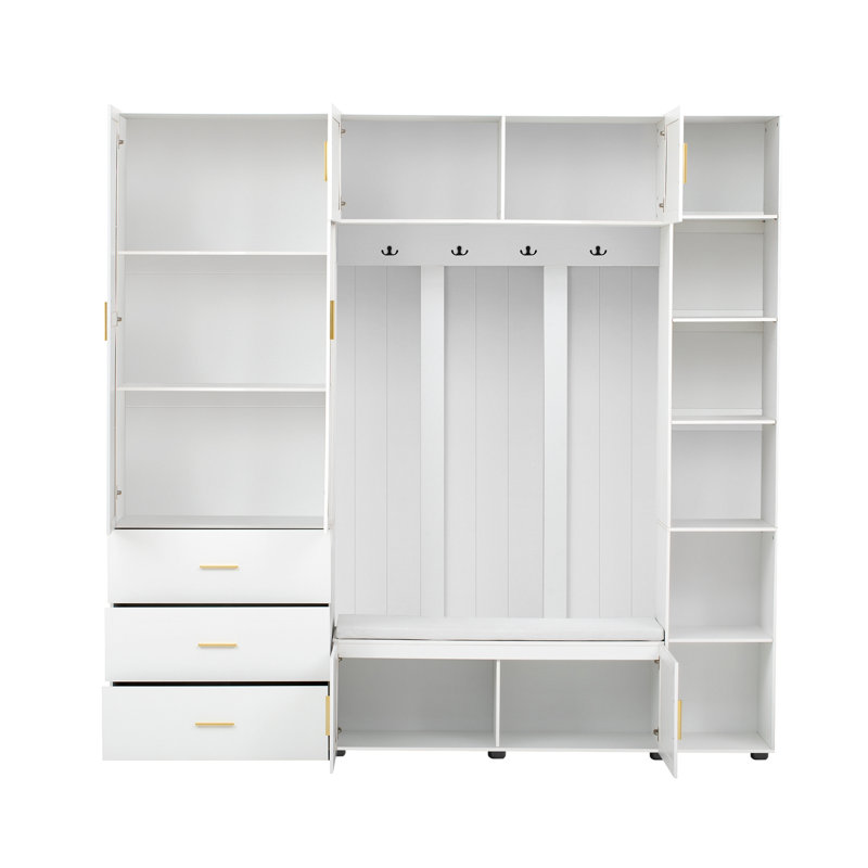 4-in-1 Hall Tree with Padded Bench, 4 Hooks, and Adjustable Storage Shelves, Ancient White