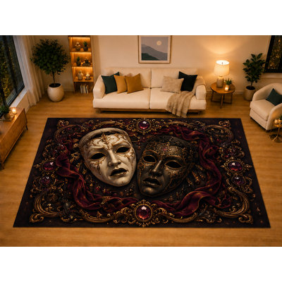 "Ultra Light Weight" Large 6'7" x 9'10" Venetian Theater Masks Gothic Area Rug for Living Room Bedroom Dining Area, Soft Low Pile Non-Slip Backing, Burgundy Black Victorian Decor