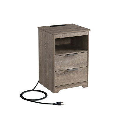 Table de bout en bois gris avec fonction de chargement, 2 tiroirs et une tablette ouverte, idéale pour le couloir de la chambre à coucher, profondeur de 15,6 po, largeur de 14,06 po, tiroirs de la station de 23,34 po de hauteur, table de chevet, largeur